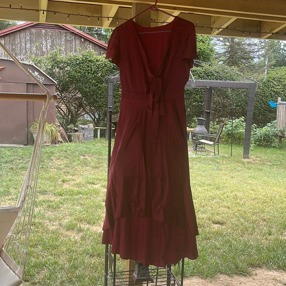 Hi-low red satin dress tie flutter sleeves front zipper side